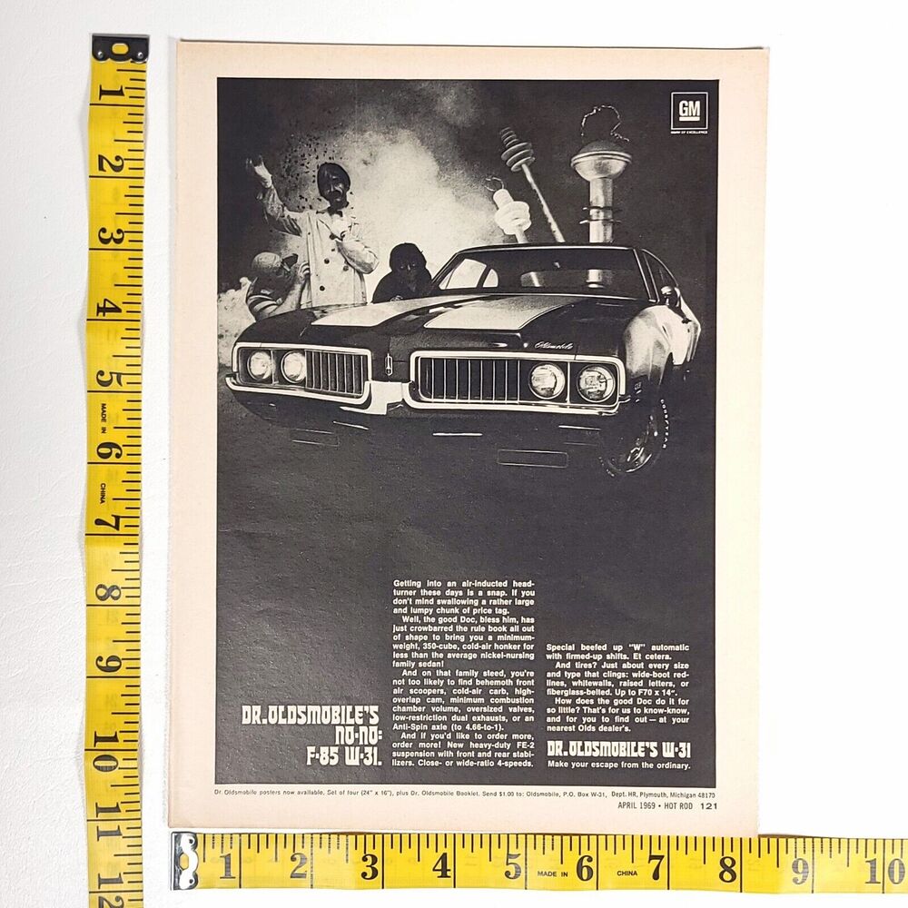 Vintage Dr. Oldsmobile F-85 W-31 Black and White Print Ad 1969 Hot Rod Magazine‎